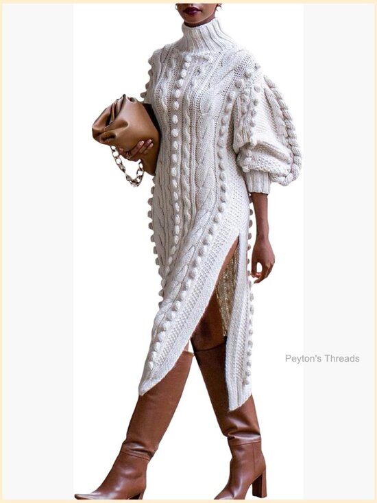Dresses & Skirts - Textured Knit Puff Sleeve High Neck High Split Maxi Sweater Dress